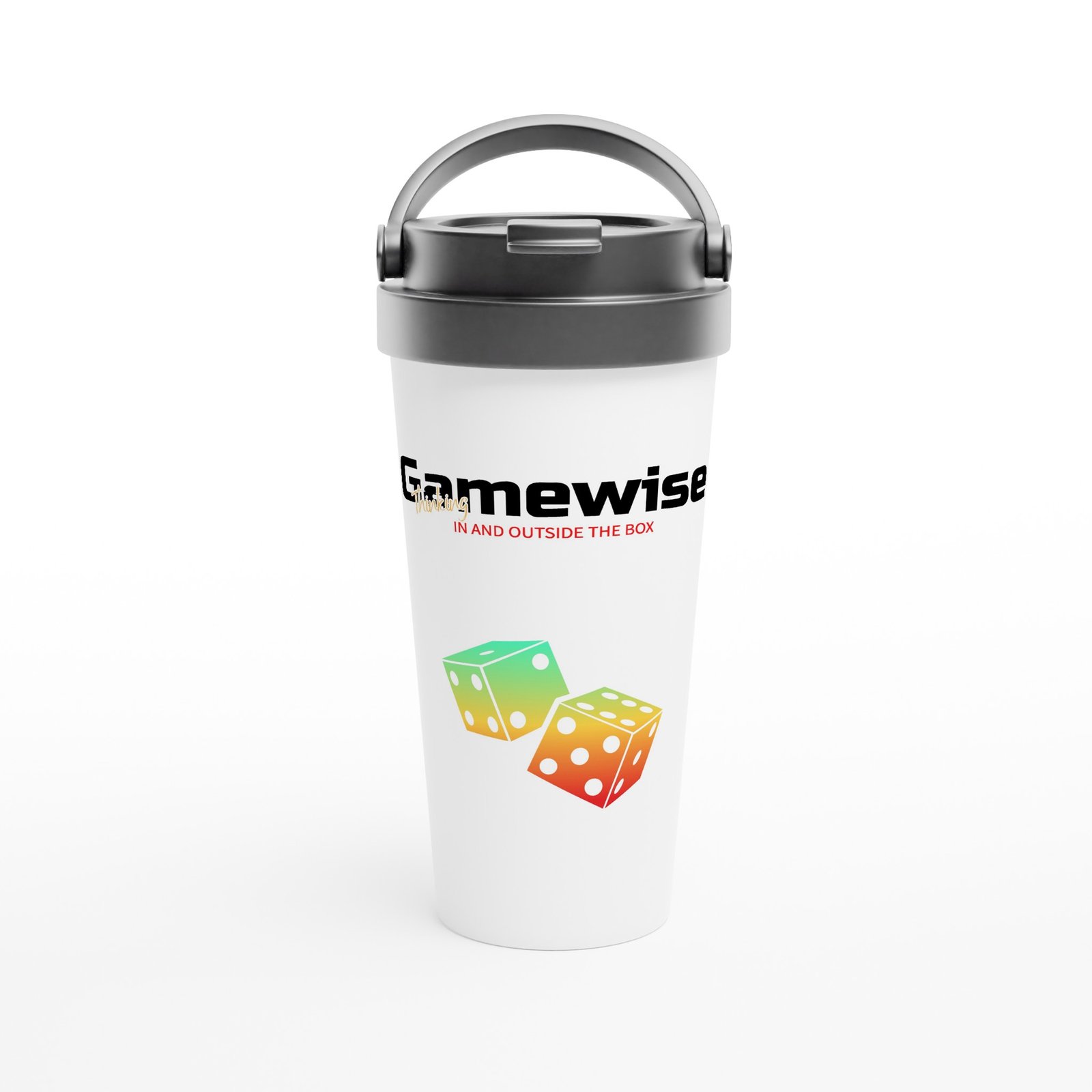 Gamewise White 15oz Stainless Steel Travel Mug | Black Logo